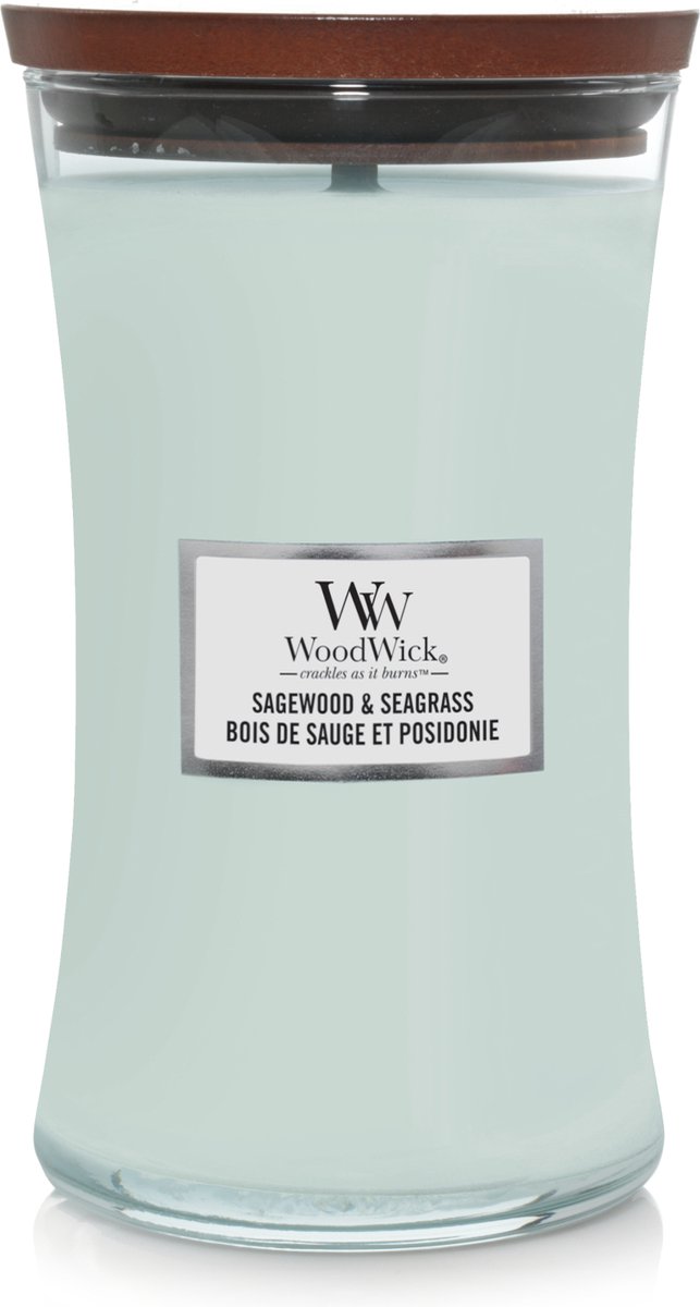 Woodwick Geurkaars Large Sagewood & Seagrass - 18 Cm / ø 10 Cm - Blauw