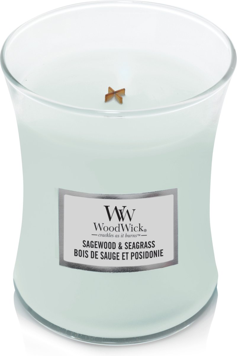 Woodwick Geurkaars Medium Sagewood & Seagrass - 11 Cm / ø 10 Cm - Blauw