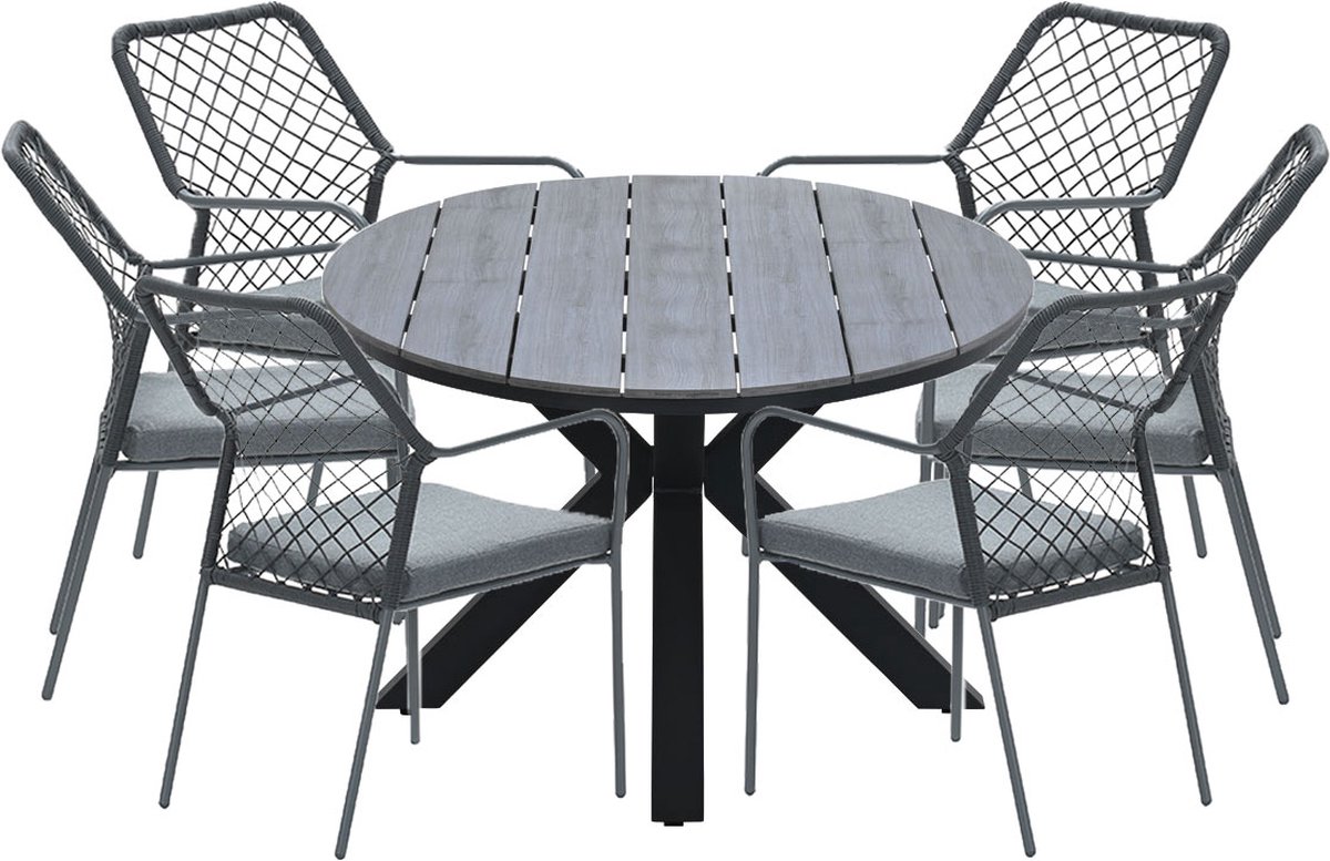 Garden Impressions Ross Tuinset 7-delig - Tulli Tuintafel Ovaal 220x115 Cm Grey Teak Look - Zwart