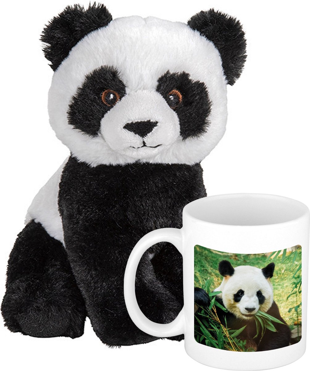 Cadeauset Kind - Panda Knuffel 19 Cm En Drinkbeker/mol Panda 300 Ml - Knuffeldier