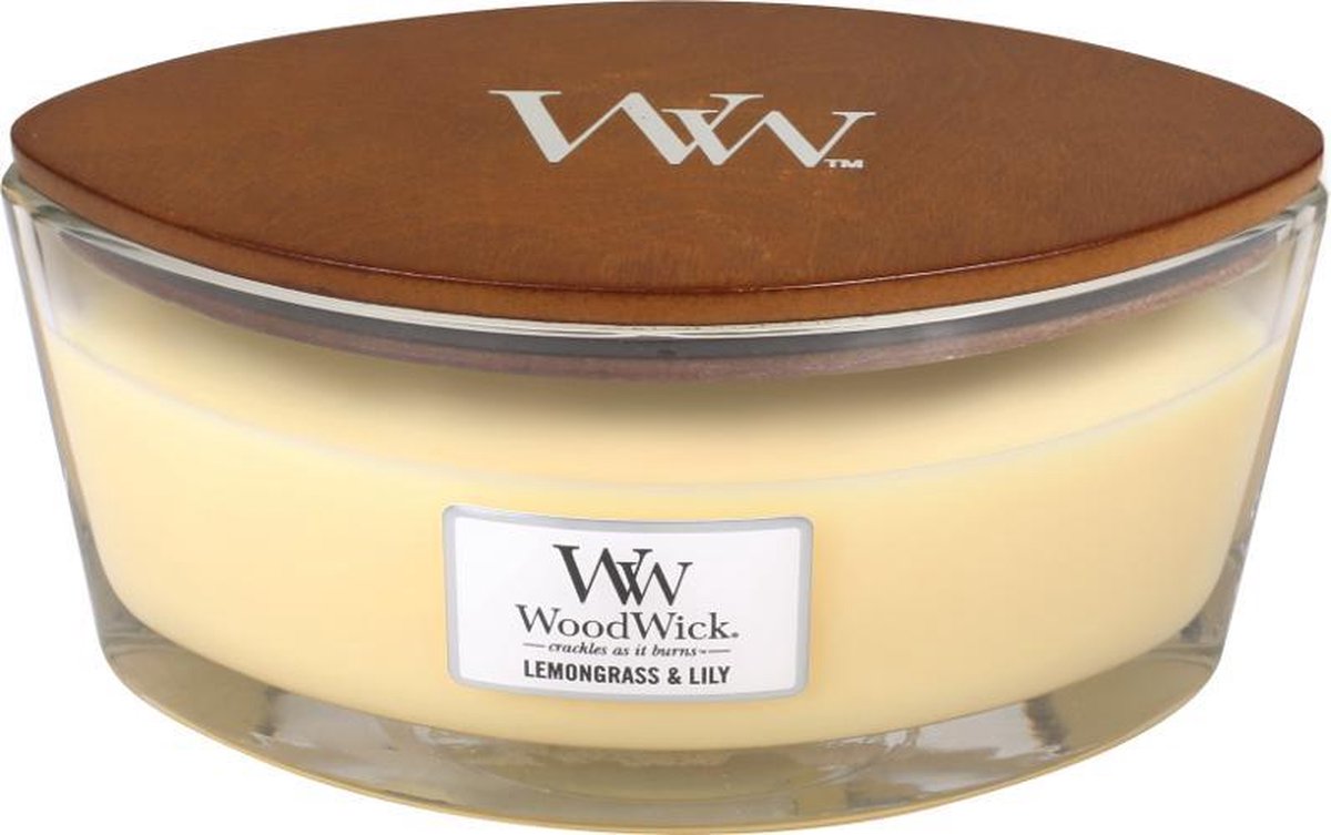 Woodwick - Ellipse Hearthwick Flame Geurkaars - Lemongrass & Lily - Tot 50 Branduren - Geel