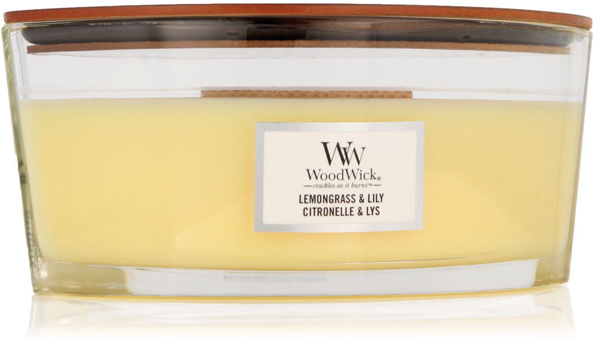 Woodwick - Ellipse Hearthwick Flame Geurkaars - Lemongrass & Lily - Tot 50 Branduren - Geel