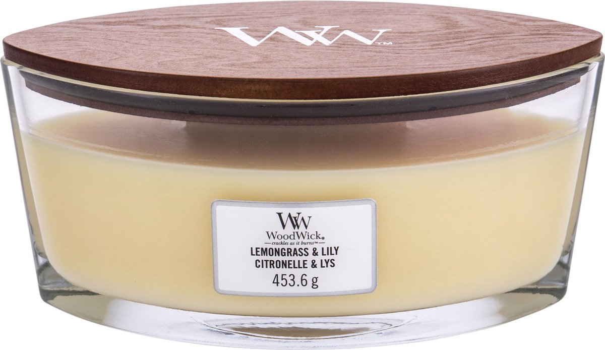 Woodwick - Ellipse Hearthwick Flame Geurkaars - Lemongrass & Lily - Tot 50 Branduren - Geel