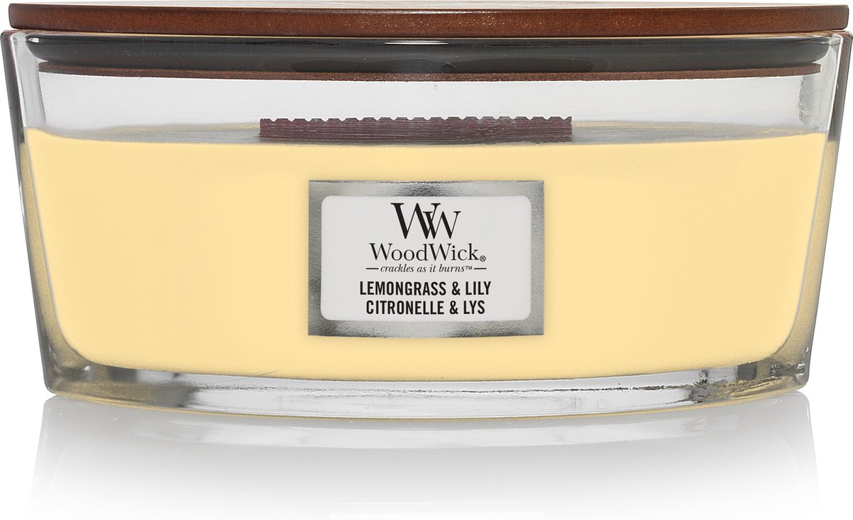 Woodwick - Ellipse Hearthwick Flame Geurkaars - Lemongrass & Lily - Tot 50 Branduren - Geel
