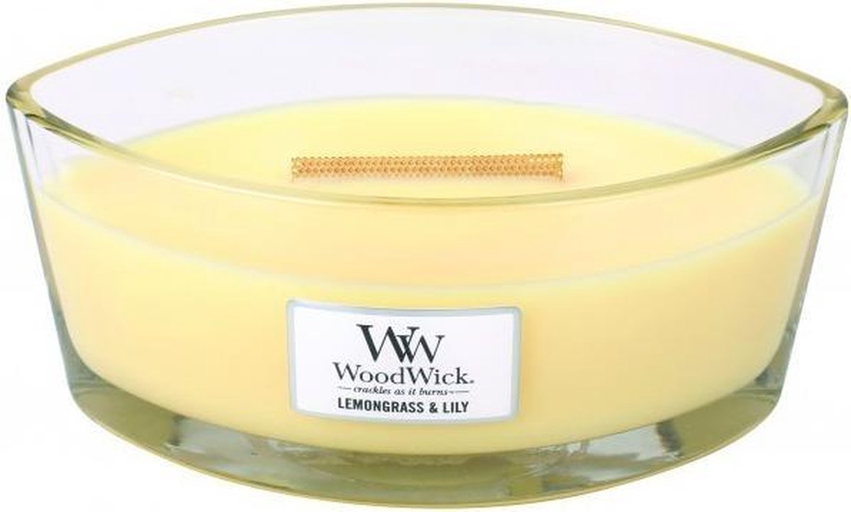Woodwick - Ellipse Hearthwick Flame Geurkaars - Lemongrass & Lily - Tot 50 Branduren - Geel