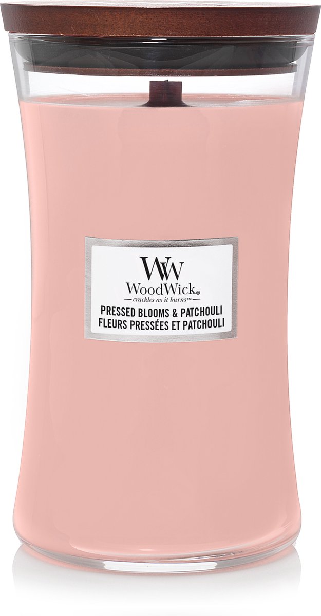 Woodwick - Large Hourglass Geurkaars - Pressed Blooms & Patchouli - Tot 130 Branduren - Roze