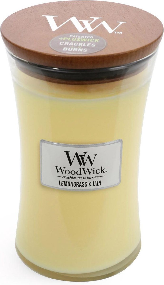 Woodwick - Large Hourglass Geurkaars - Lemongrass & Lily - Tot 130 Branduren - Rood