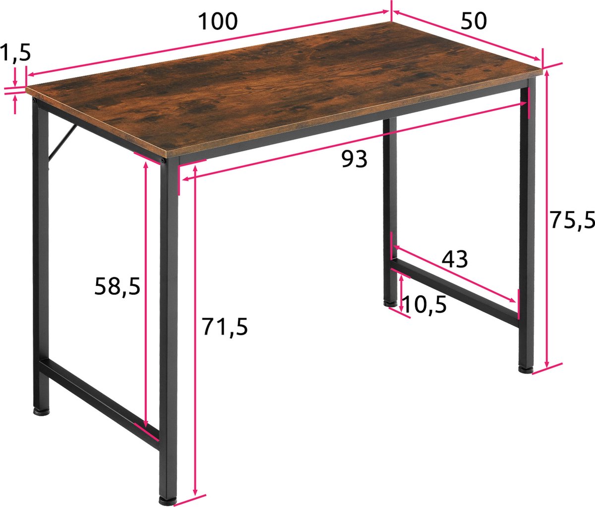 Tectake - Bureau Jenkins 100 Cm - Industrieel - Donker - 404459 - Bruin