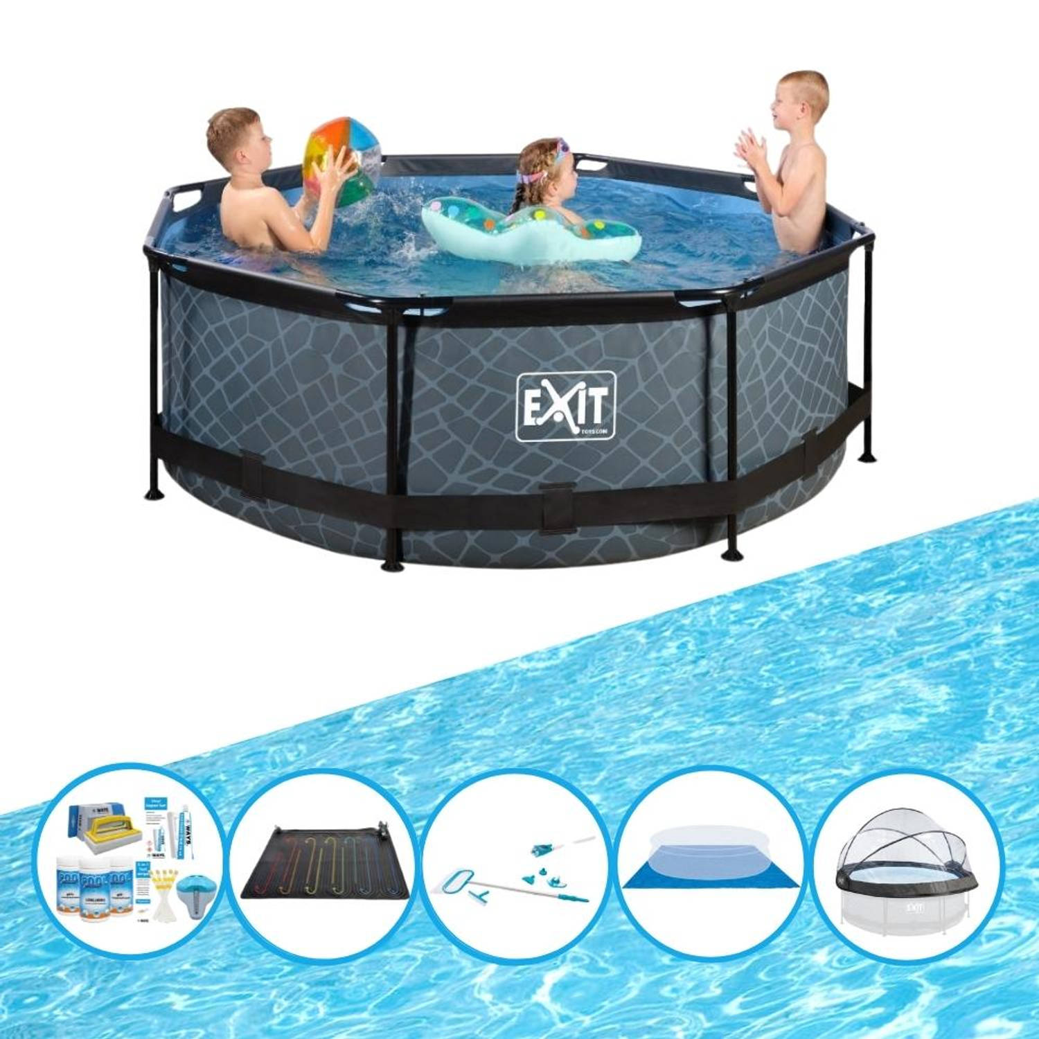 EXIT Toys Exit Zwembad Stone Grey - ø244x76 Cm - Frame Pool - Inclusief Bijbehorende Accessoires - Grijs