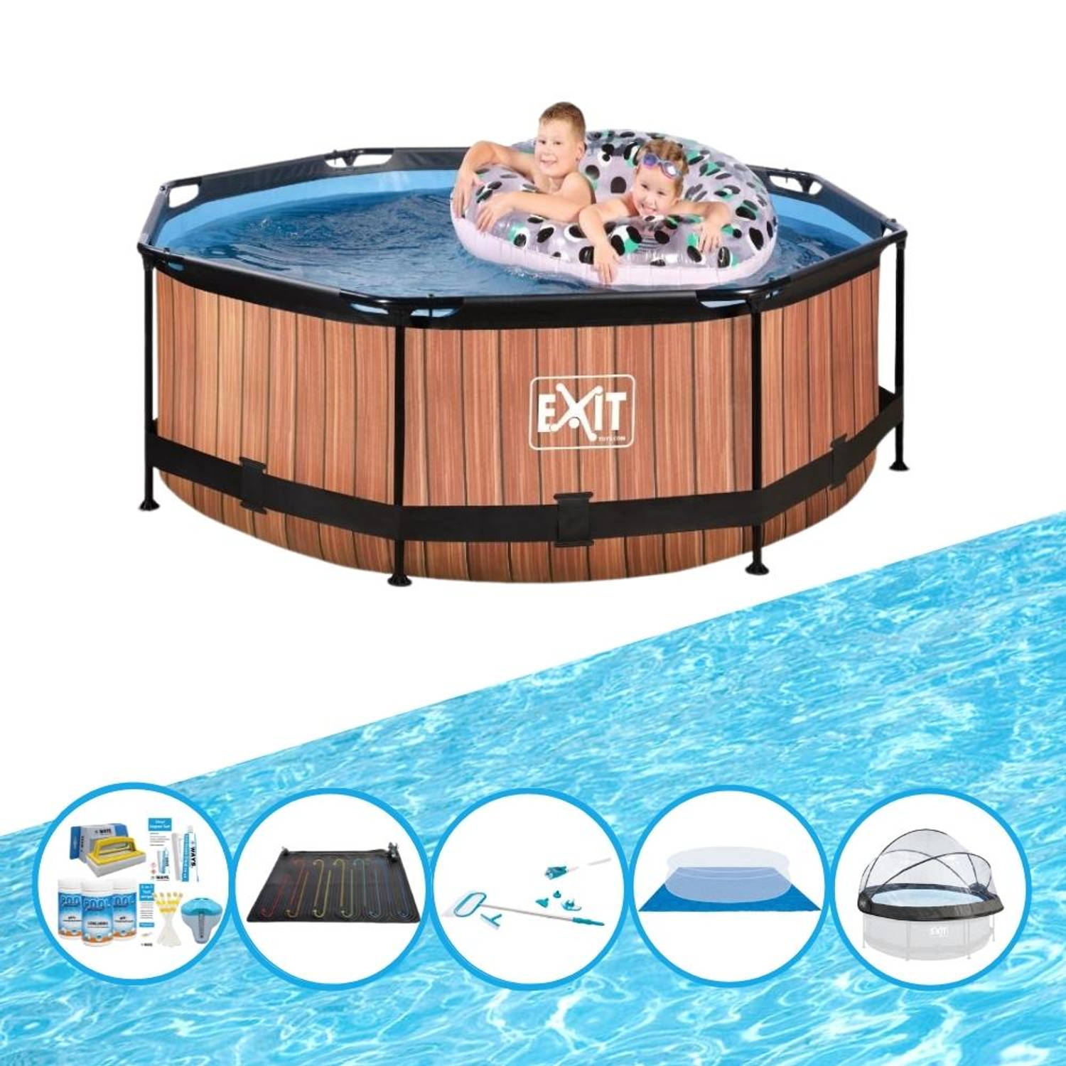 EXIT Toys Exit Zwembad Timber Style - ø244x76 Cm - Frame Pool - Inclusief Bijbehorende Accessoires - Bruin