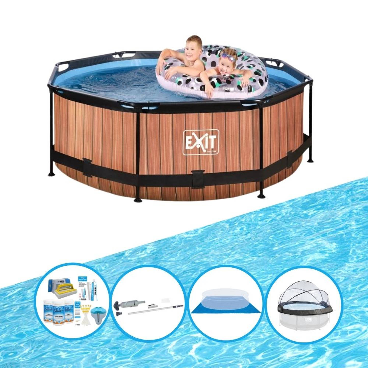 EXIT Toys Exit Zwembad Timber Style - ø244x76 Cm - Frame Pool - Complete Zwembadset - Bruin