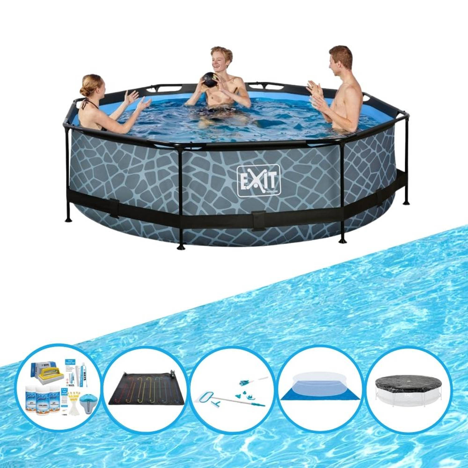 EXIT Toys Exit Zwembad Stone Grey - Frame Pool ø300x76cm - Inclusief Bijbehorende Accessoires - Grijs