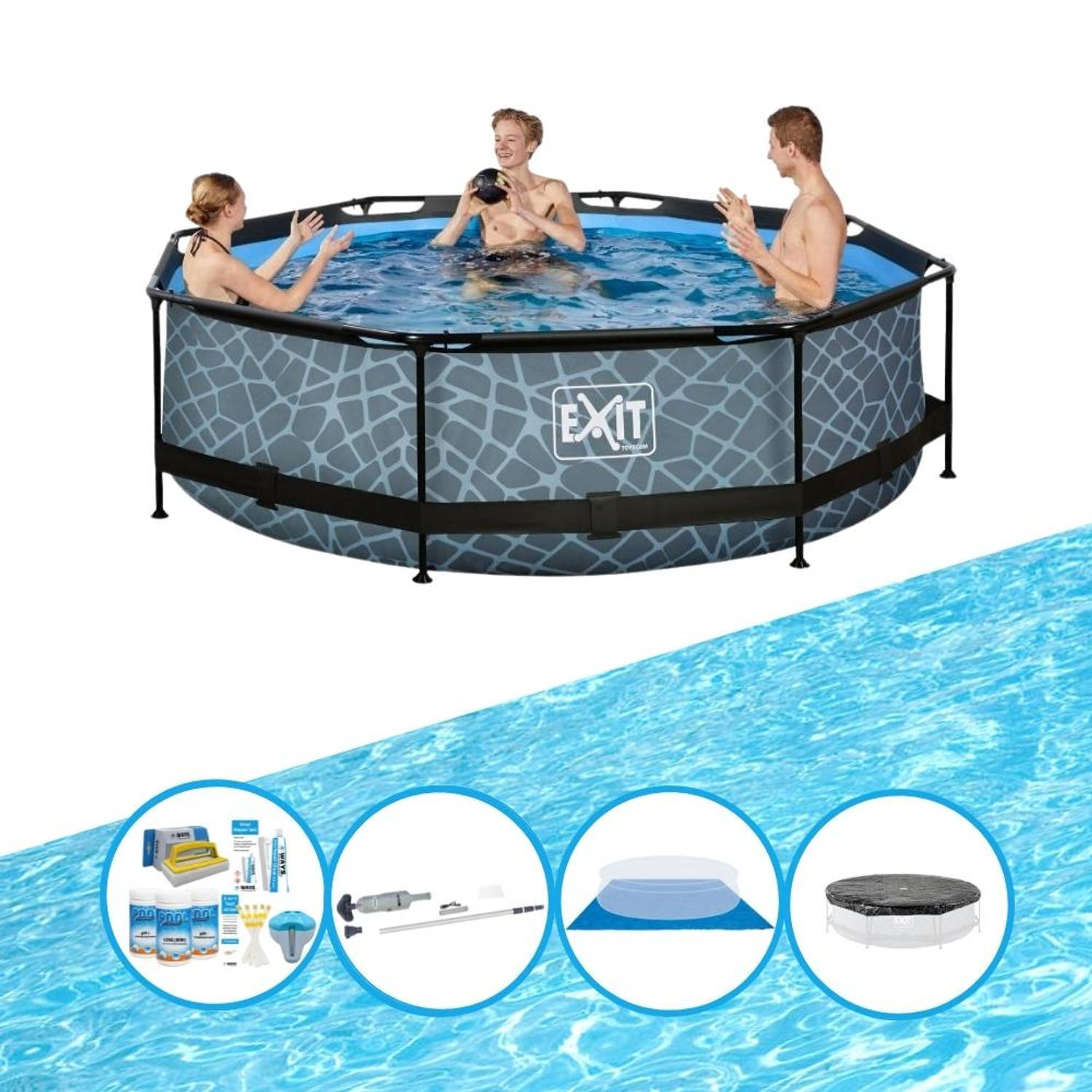 EXIT Toys Exit Zwembad Stone Grey - Frame Pool ø300x76cm - Complete Zwembadset - Grijs