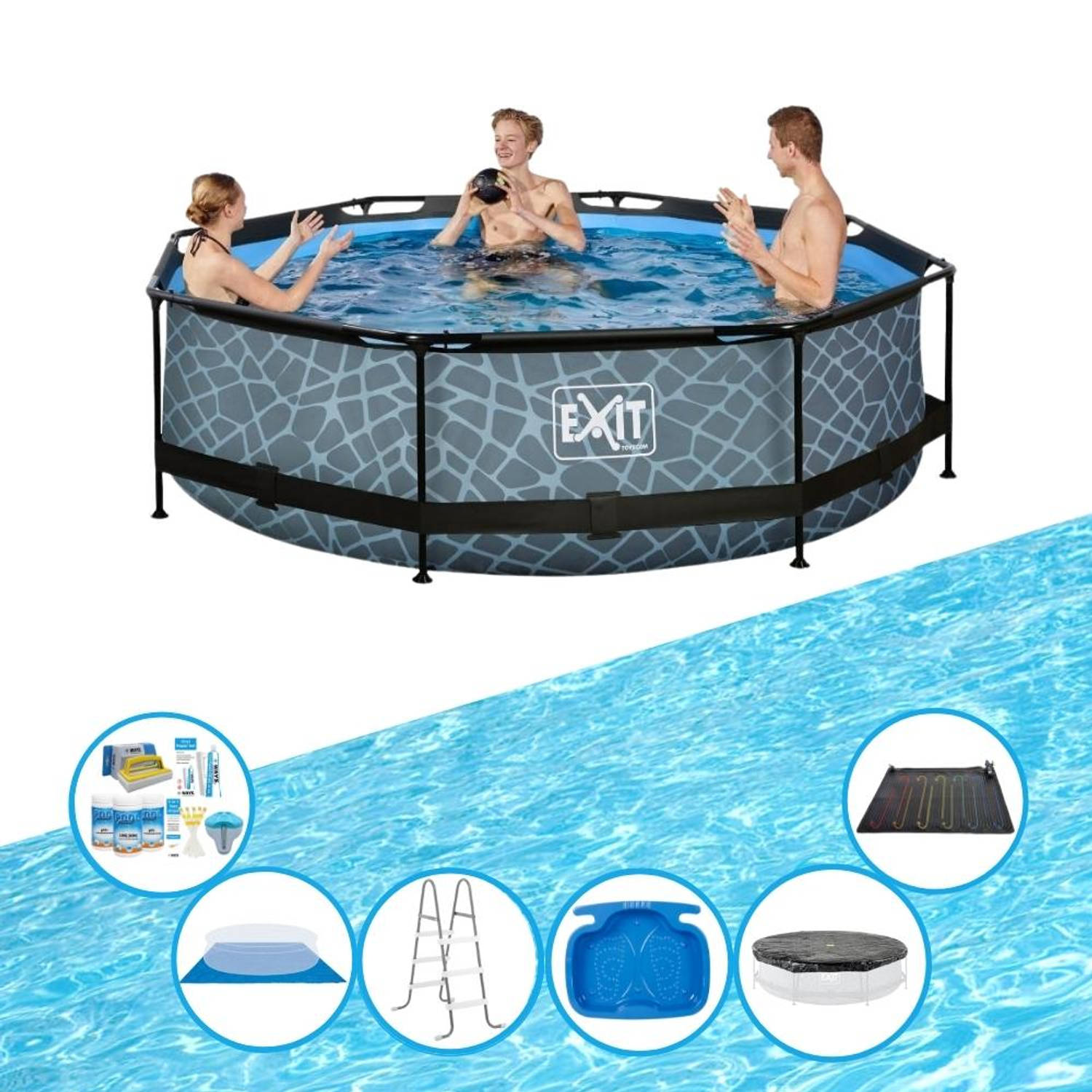 EXIT Toys Exit Zwembad Stone Grey - Frame Pool ø300x76cm - Inclusief Toebehoren - Grijs