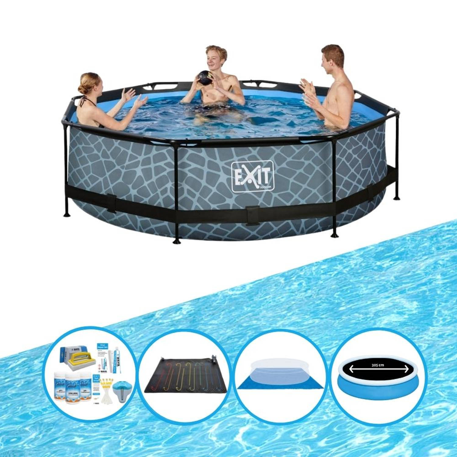 EXIT Toys Exit Zwembad Stone Grey - Frame Pool ø300x76cm - Combi Deal - Grijs