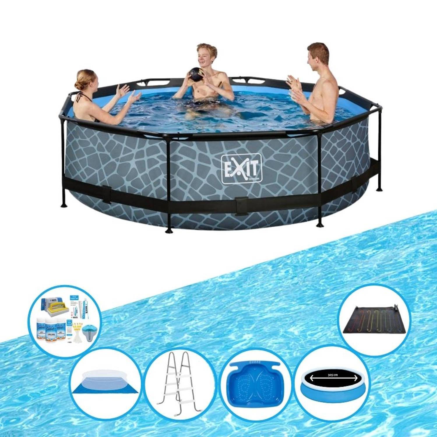 EXIT Toys Exit Zwembad Stone Grey - Frame Pool ø300x76cm - Plus Toebehoren - Grijs