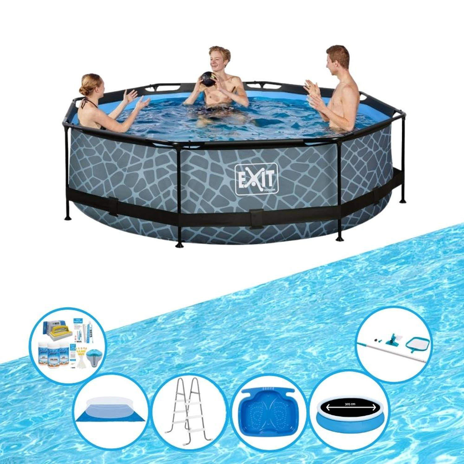 EXIT Toys Exit Zwembad Stone Grey - Frame Pool ø300x76cm - Super Set - Grijs