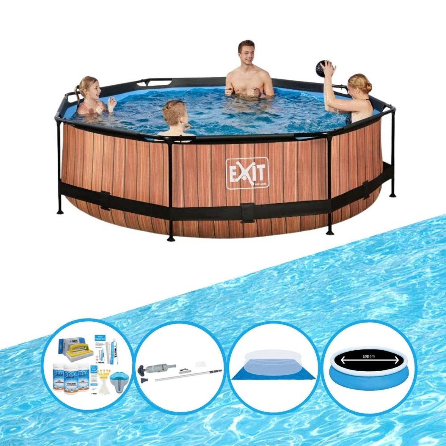 EXIT Toys Exit Zwembad Timber Style - Frame Pool ø300x76cm - Plus Bijbehorende Accessoires - Bruin