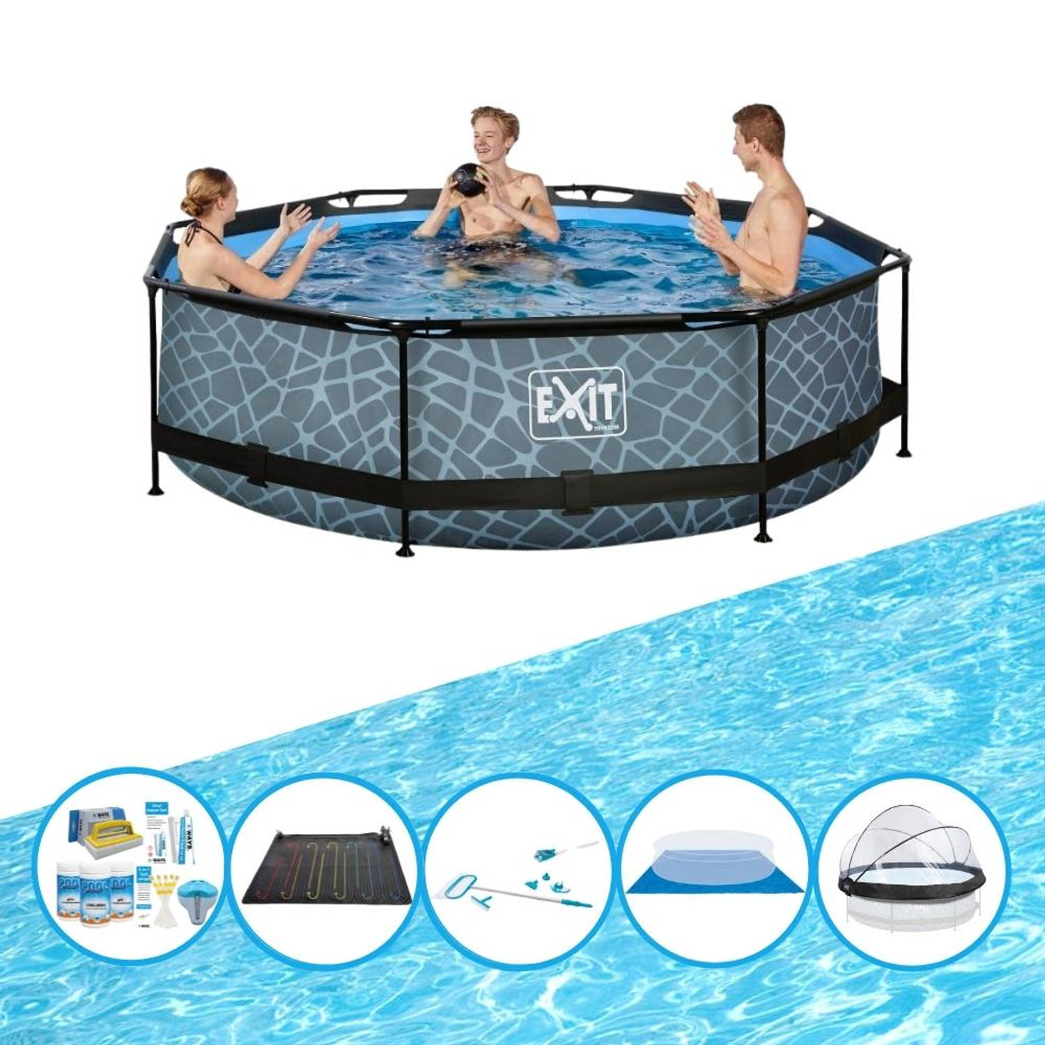 EXIT Toys Exit Zwembad Stone Grey - ø300x76 Cm - Frame Pool - Inclusief Bijbehorende Accessoires - Grijs