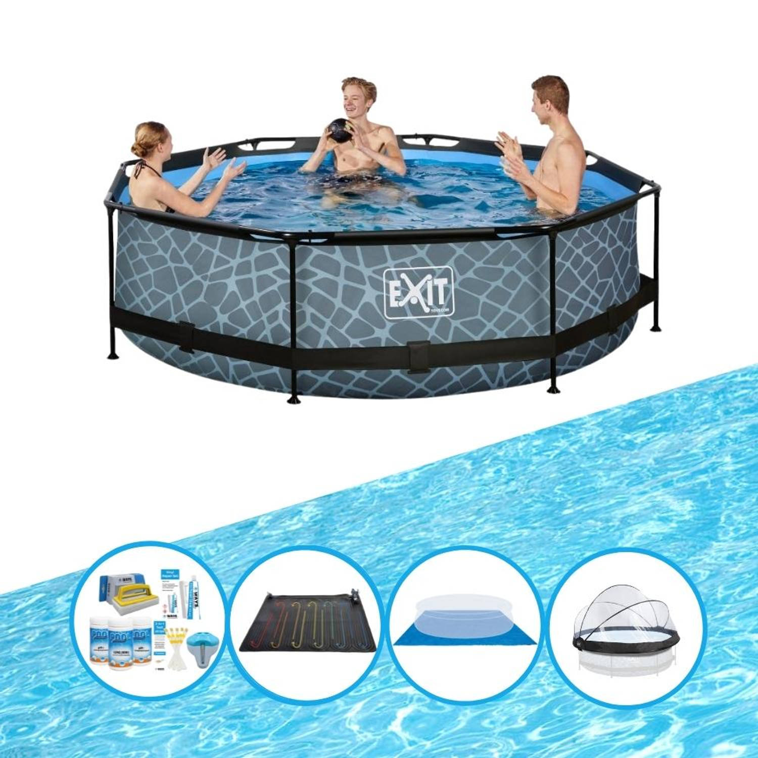 EXIT Toys Exit Zwembad Stone Grey - ø300x76 Cm - Frame Pool - Met Bijbehorende Accessoires - Grijs