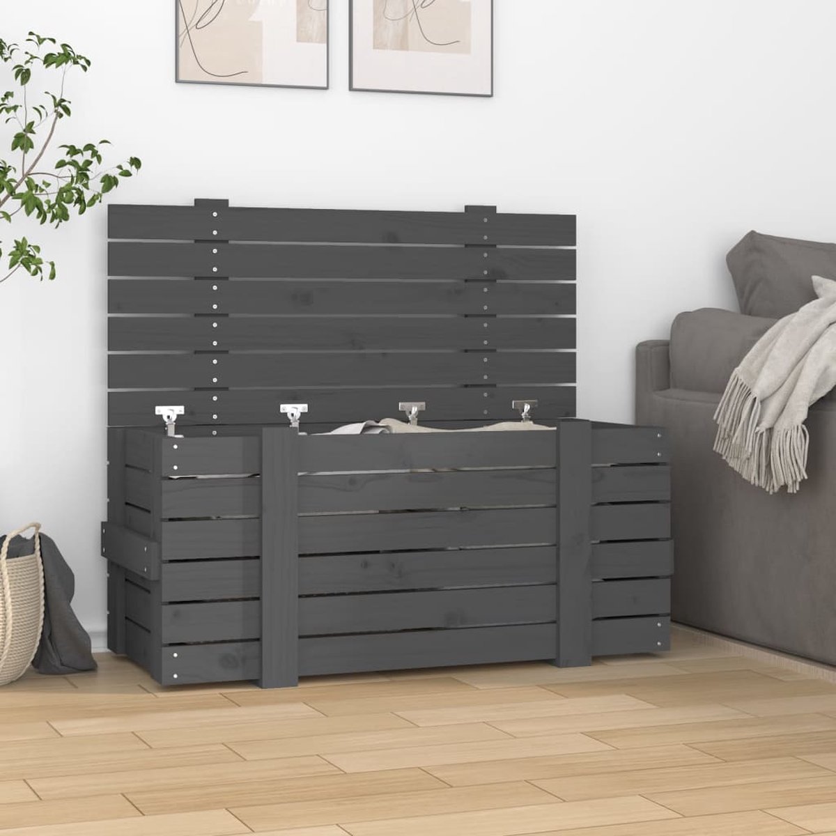 Vidaxl Opbergbox 91x40,5x42 Cm Massief Grenenhout - Gris