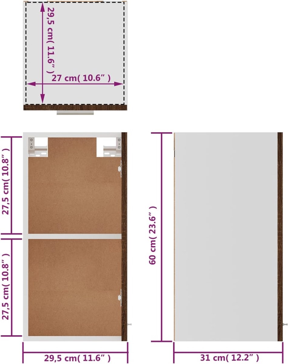 Vidaxl Hangkast 29,5x31x60 Cm Bewerkt Houteikenkleurig - Bruin