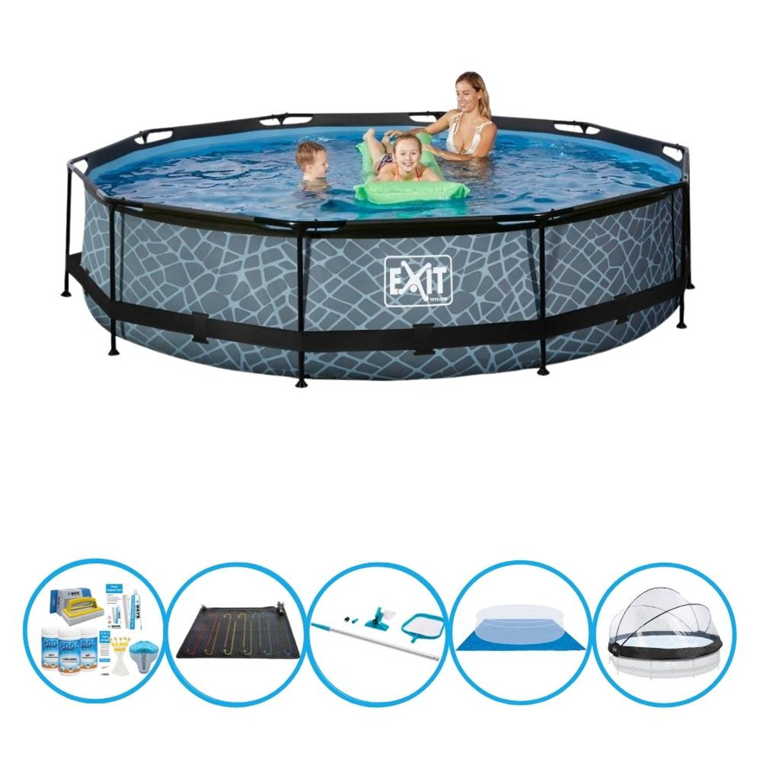 EXIT Toys Exit Zwembad Stone Grey - ø360x76 Cm - Frame Pool - Inclusief Accessoires - Grijs