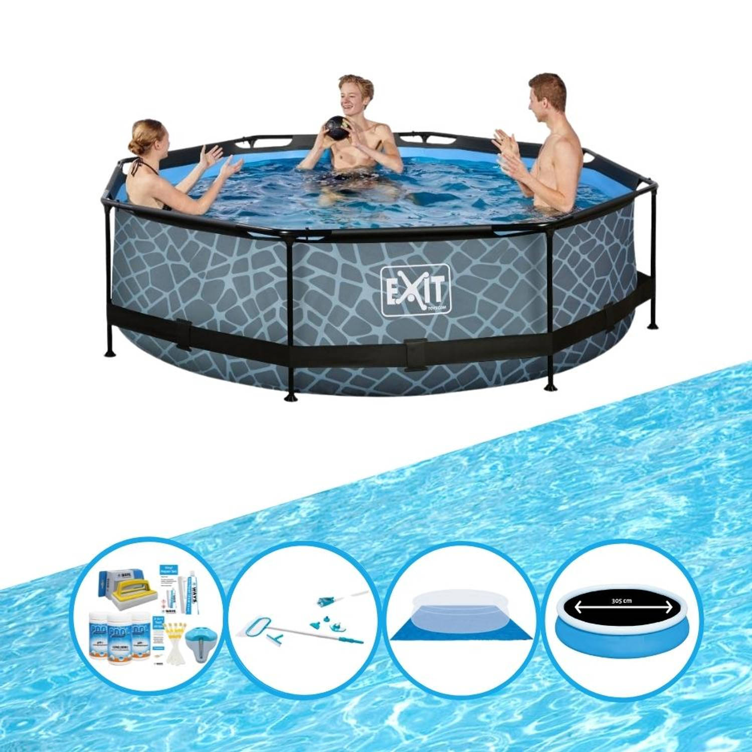 EXIT Toys Exit Zwembad Stone Grey - Frame Pool ø300x76cm - Plus Accessoires - Grijs