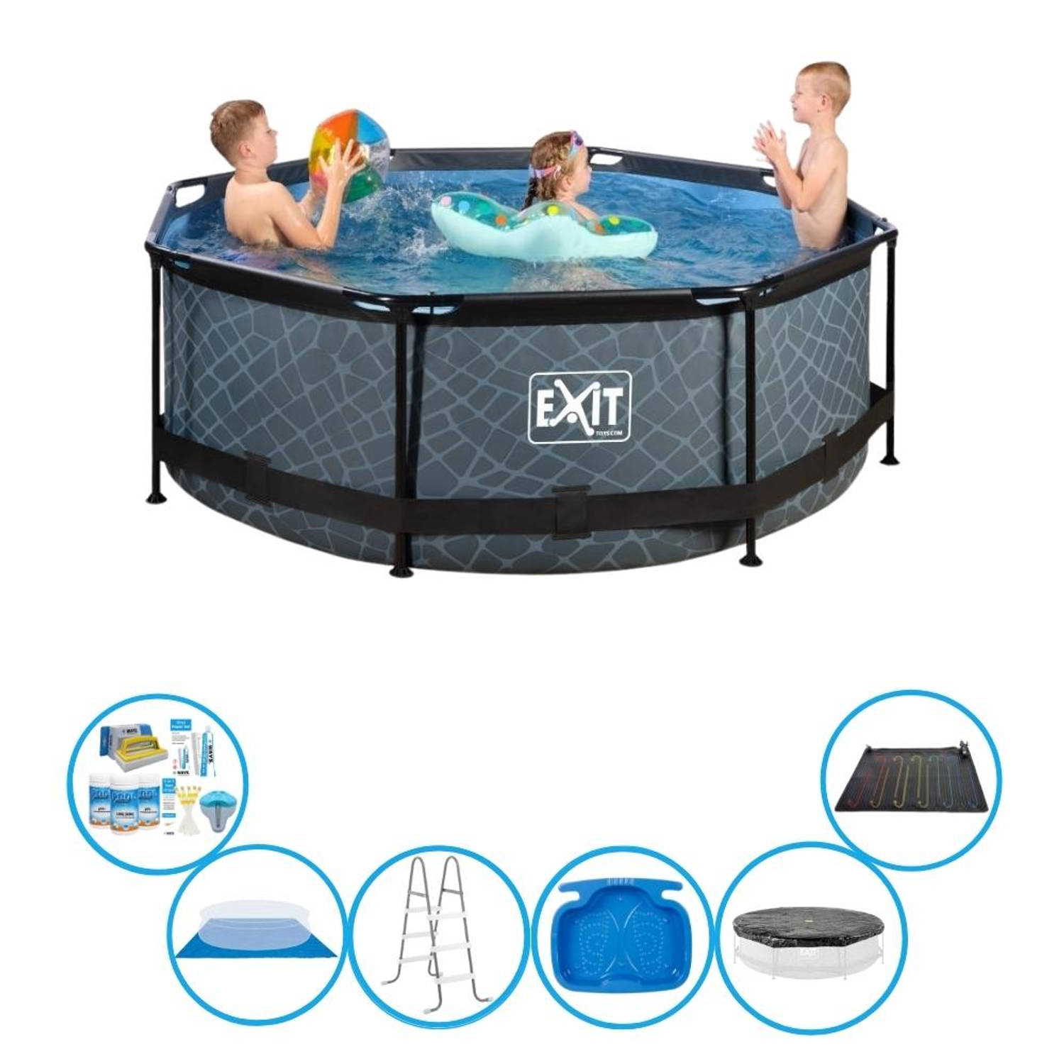 EXIT Toys Exit Zwembad Stone Grey - Frame Pool ø244x76cm - Inclusief Toebehoren - Grijs