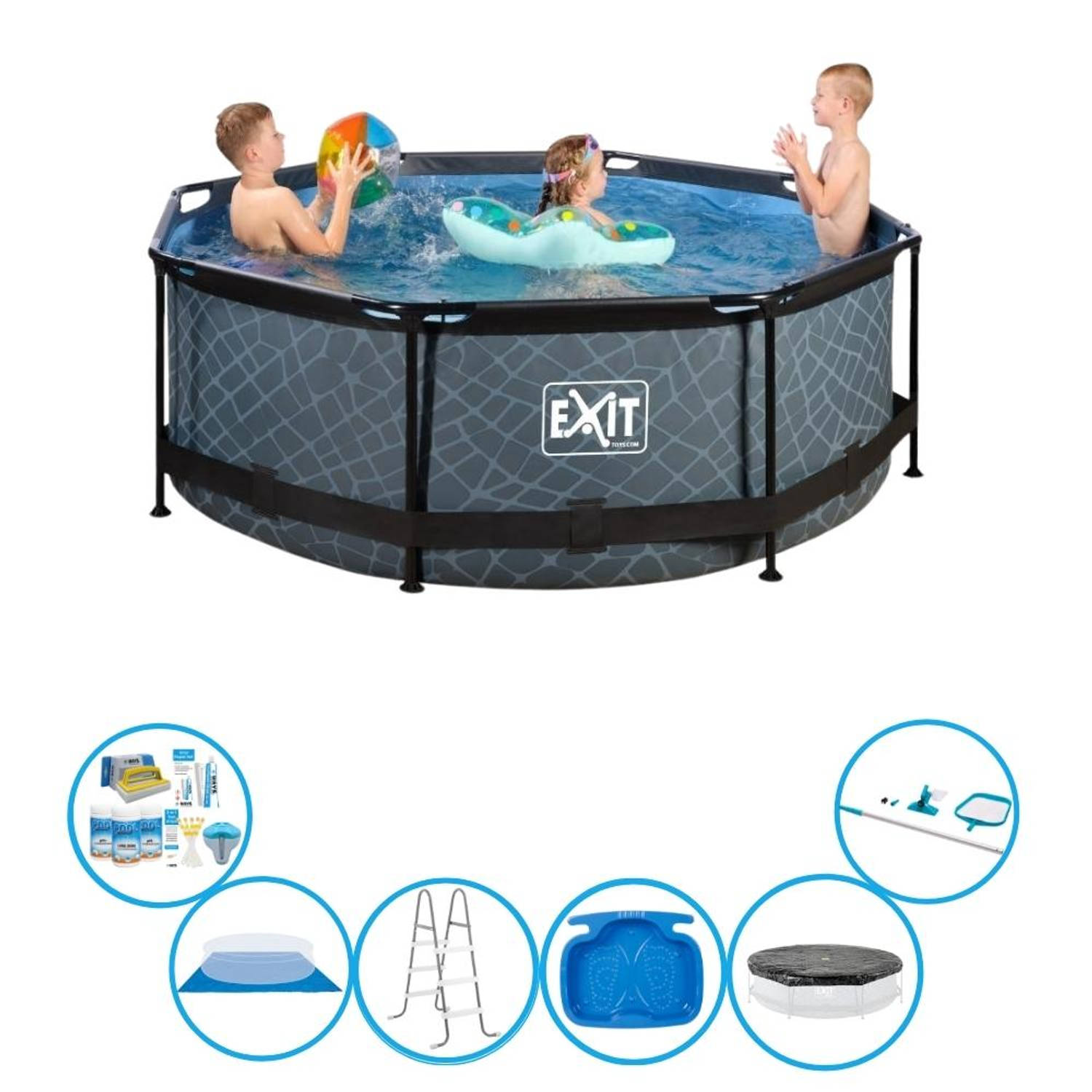 EXIT Toys Exit Zwembad Stone Grey - Frame Pool ø244x76cm - Met Toebehoren - Grijs