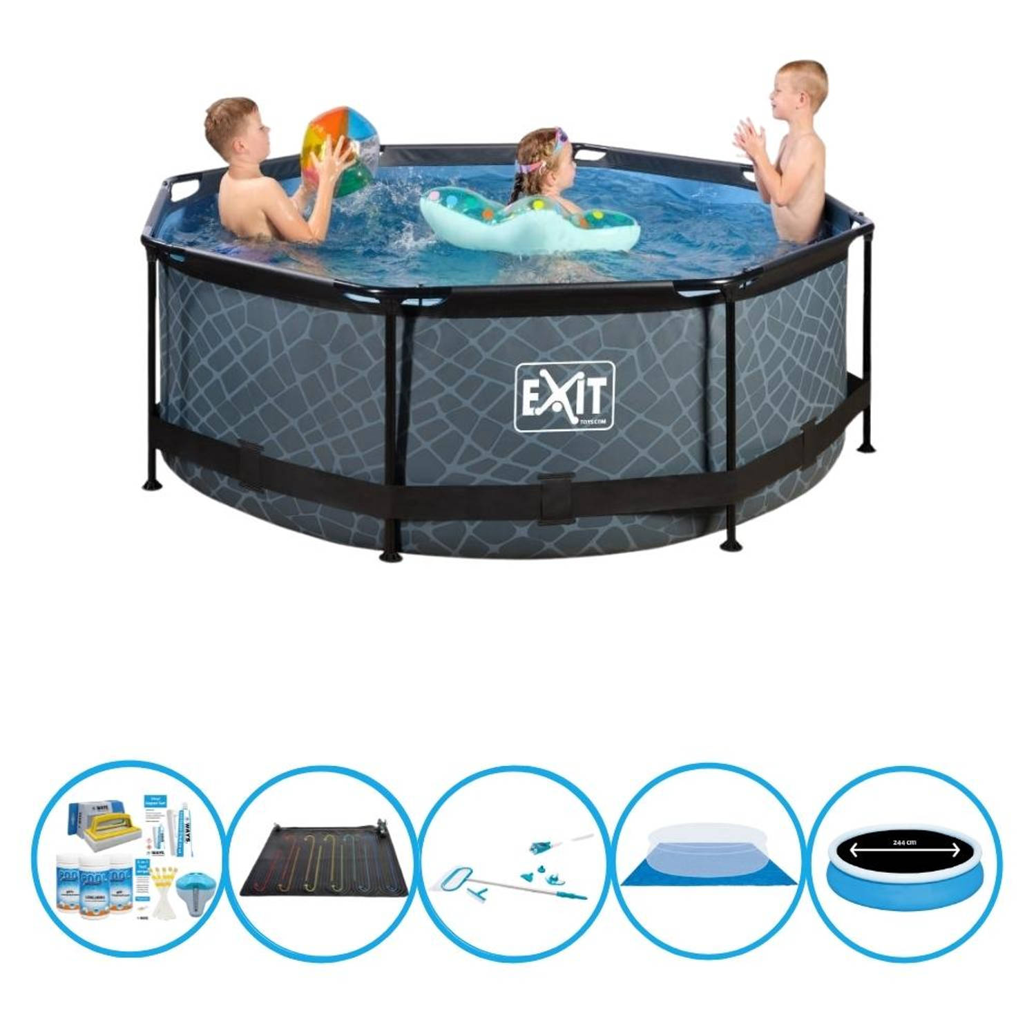 EXIT Toys Exit Zwembad Stone Grey - Frame Pool ø244x76cm - Bundelpakket - Grijs