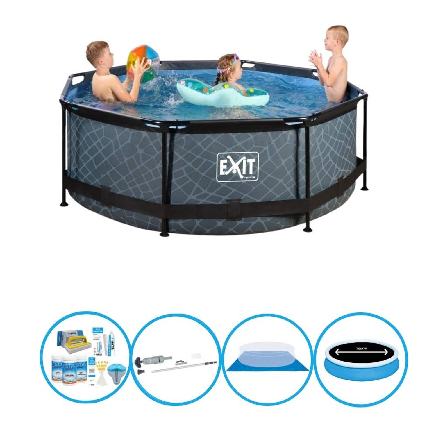 EXIT Toys Exit Zwembad Stone Grey - Frame Pool ø244x76cm - Plus Bijbehorende Accessoires - Grijs