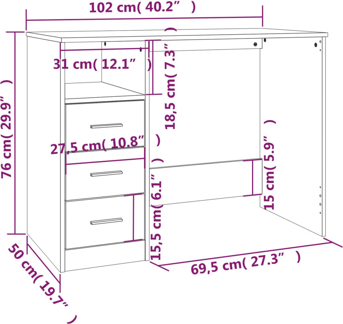 Vidaxl Bureau Met Lades 102x50x76 Cm Bewerkt Hout Gerookt Eikenkleurig - Bruin