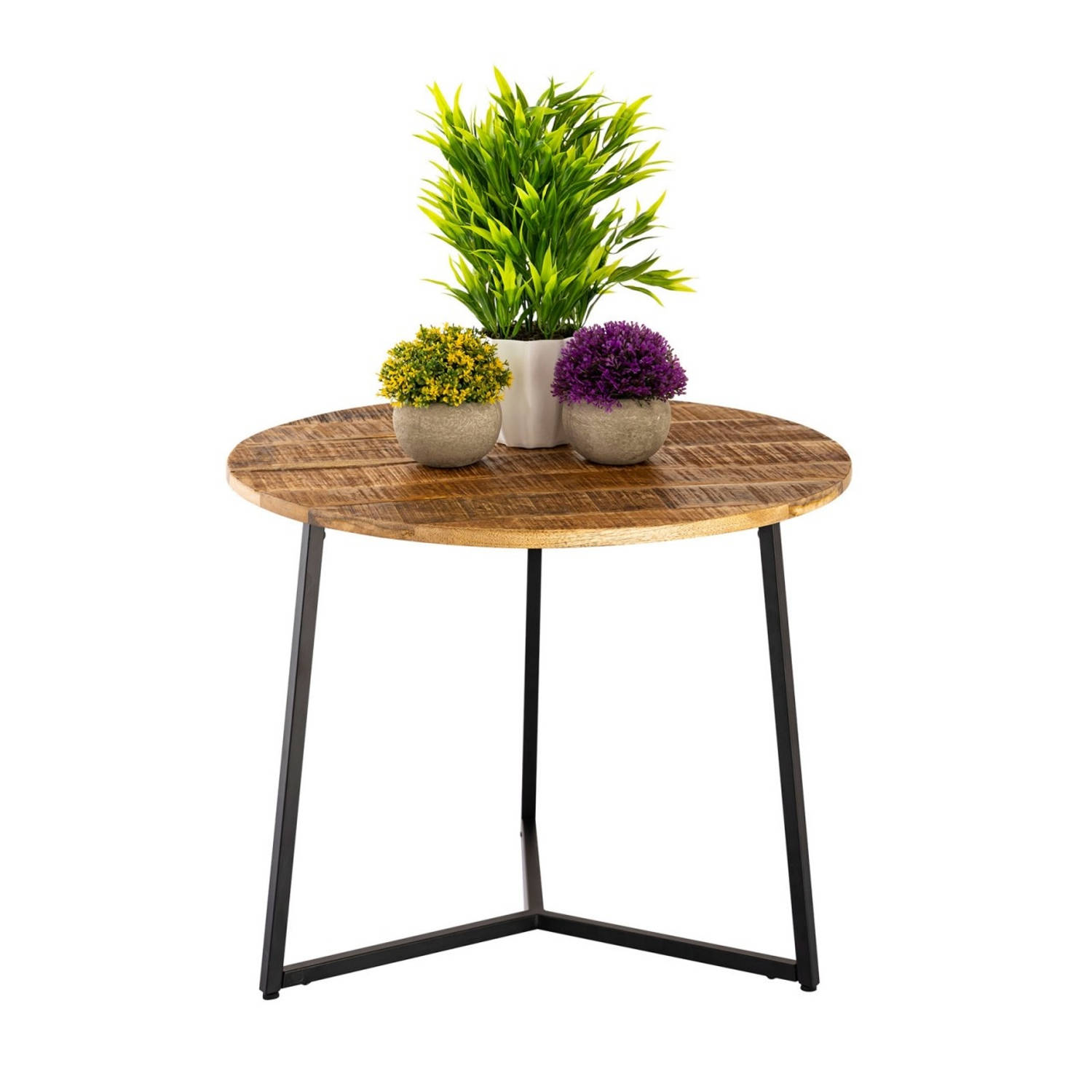 Parya Home - Salontafel Rond Massief Hout ø 56cm Woonkamertafel Bijzettafel Metalen Onderstel Zwart