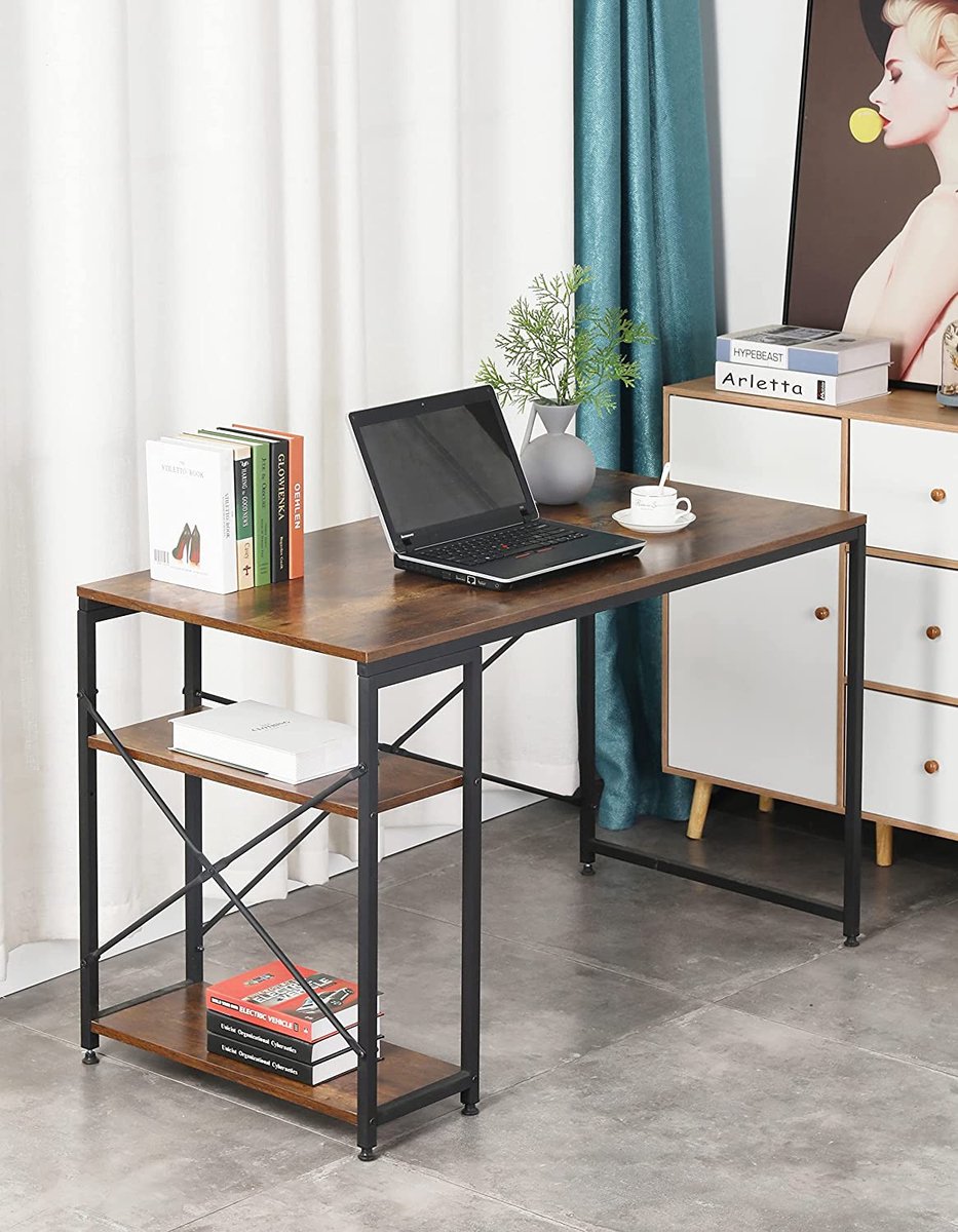 Happy Home Hwt38-hol - Industrieel Bureau Hout Metaal Met 2 Legplanken