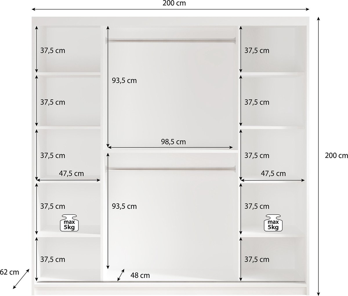 Meubella - Kledingkast Luxor - Zwart - Eiken - 200 Cm