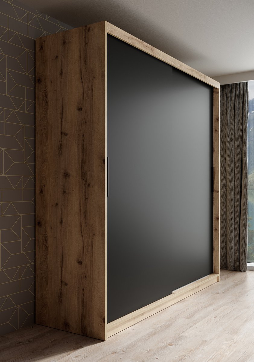 Meubella - Kledingkast Luxor - Zwart - Eiken - 200 Cm