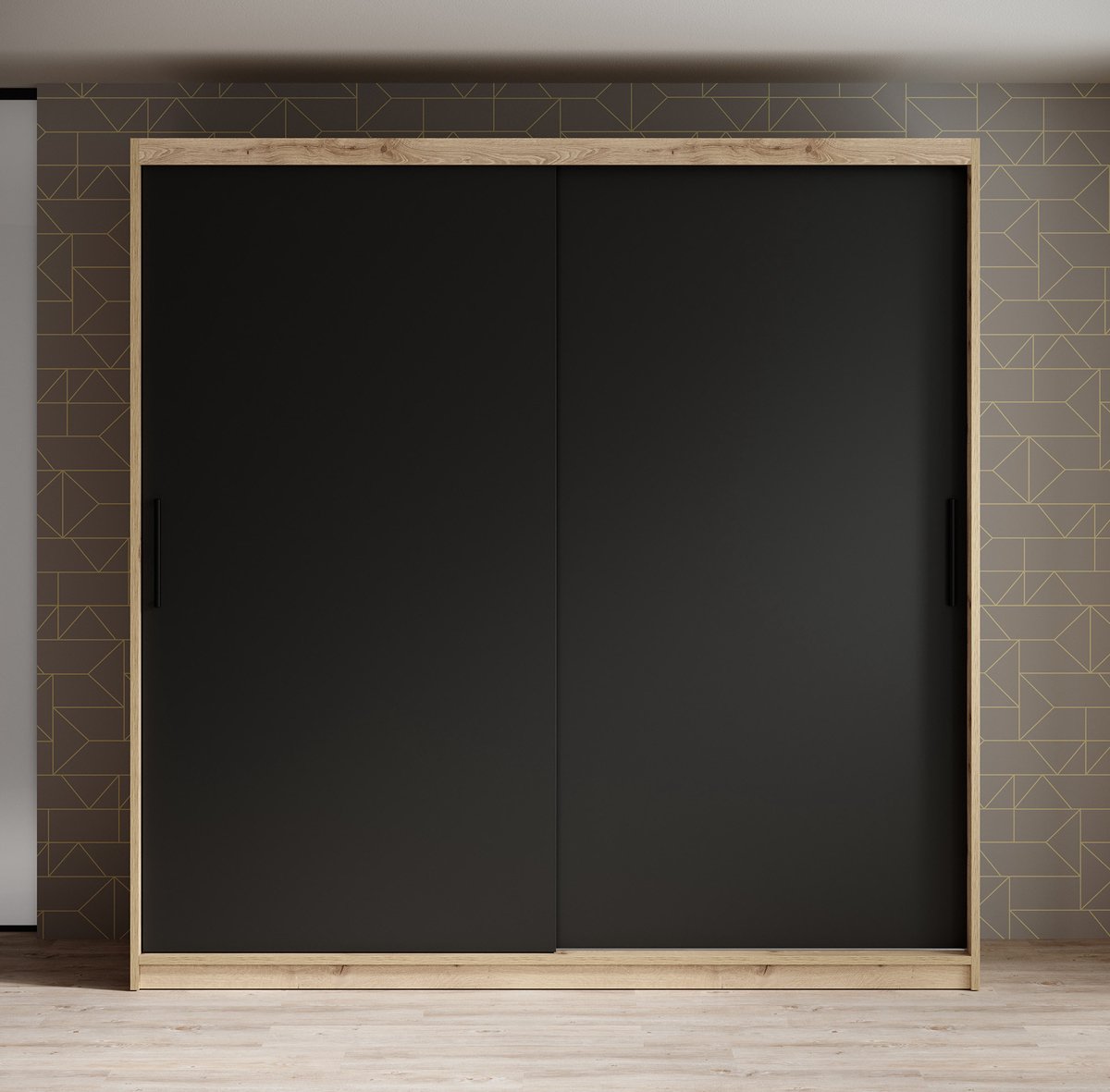 Meubella - Kledingkast Luxor - Zwart - Eiken - 200 Cm