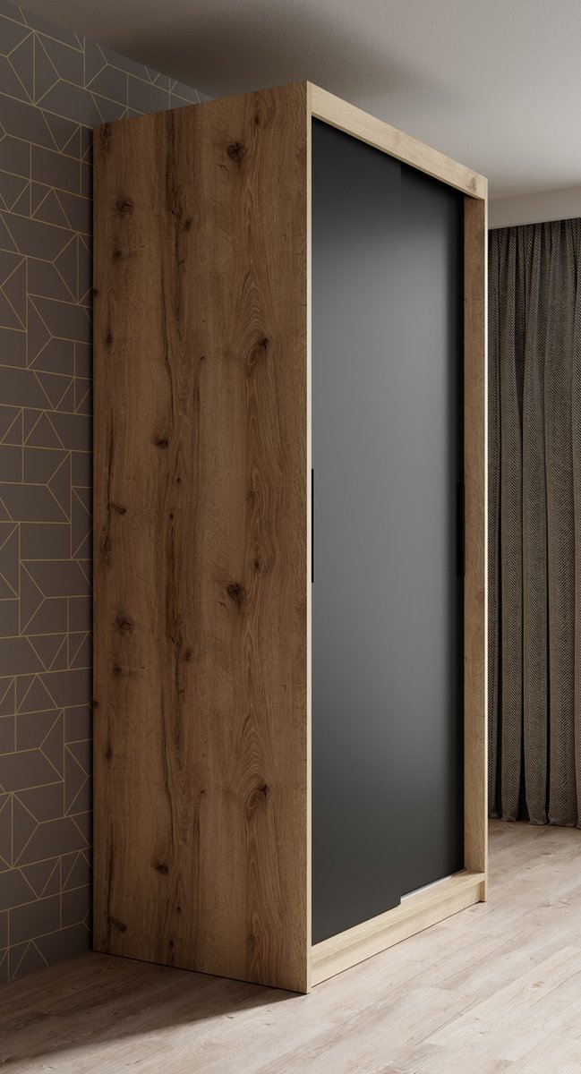 Meubella - Kledingkast Luxor - Zwart - Eiken - 100 Cm