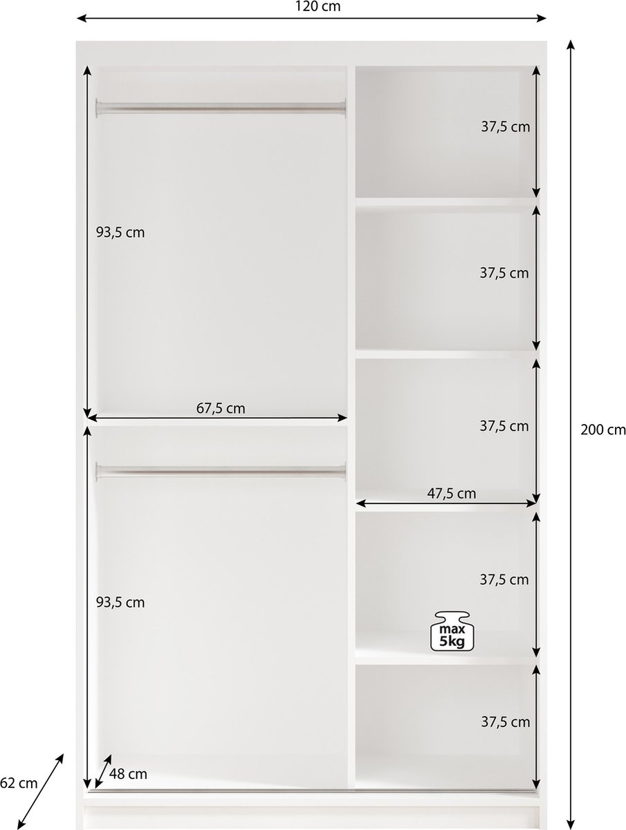Meubella - Kledingkast Luxor - Zwart - Eiken - 120 Cm