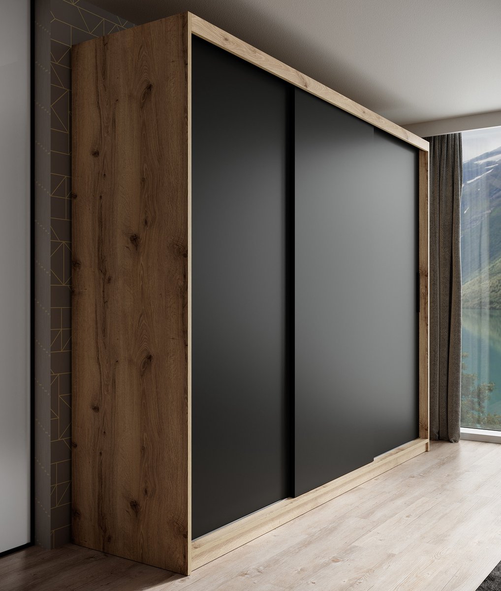 Meubella - Kledingkast Luxor - Zwart - Eiken - 250 Cm