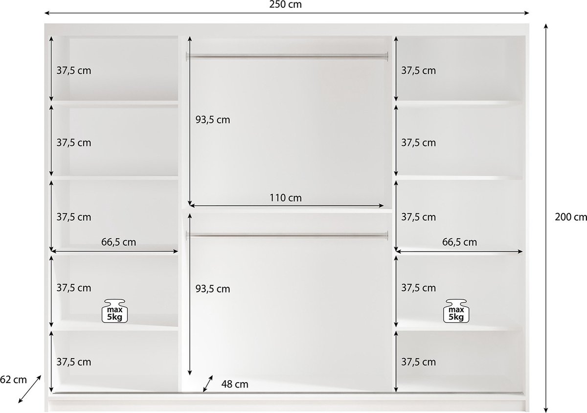 Meubella - Kledingkast Luxor - Zwart - Eiken - 250 Cm