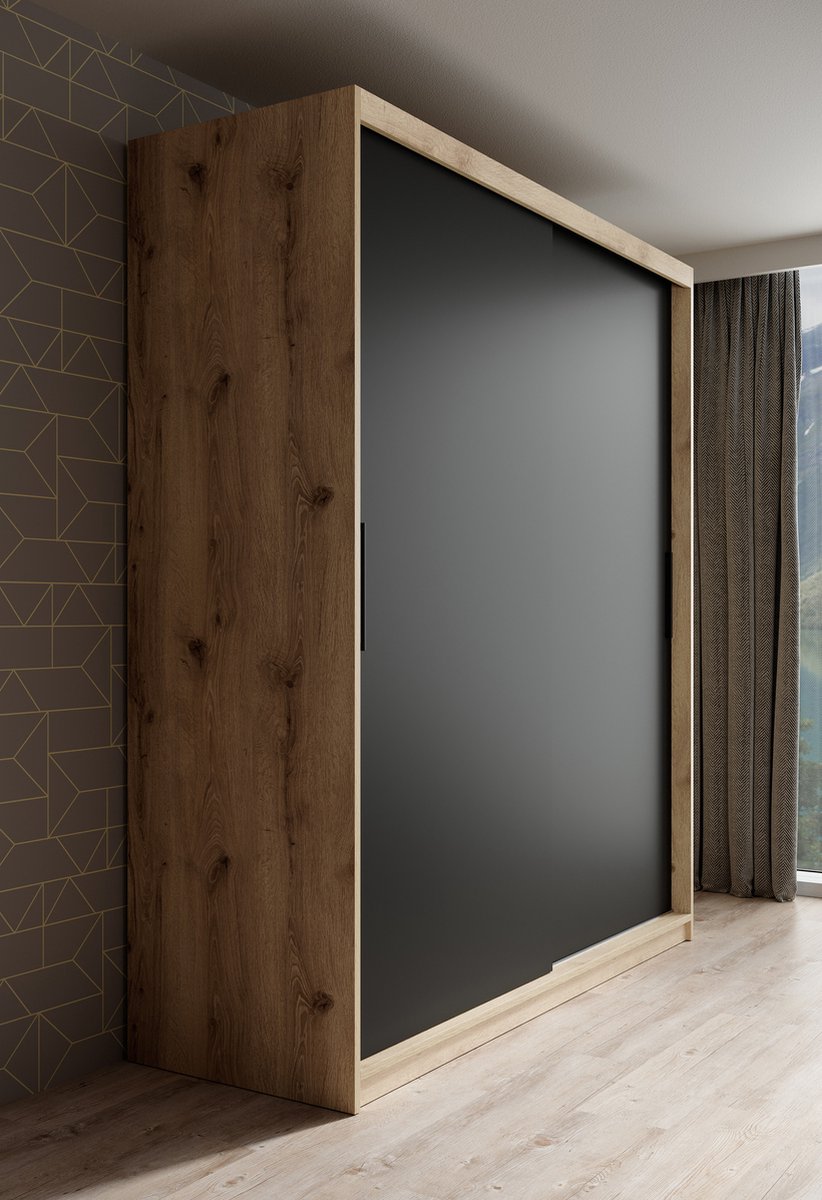 Meubella - Kledingkast Luxor - Zwart - Eiken - 180 Cm