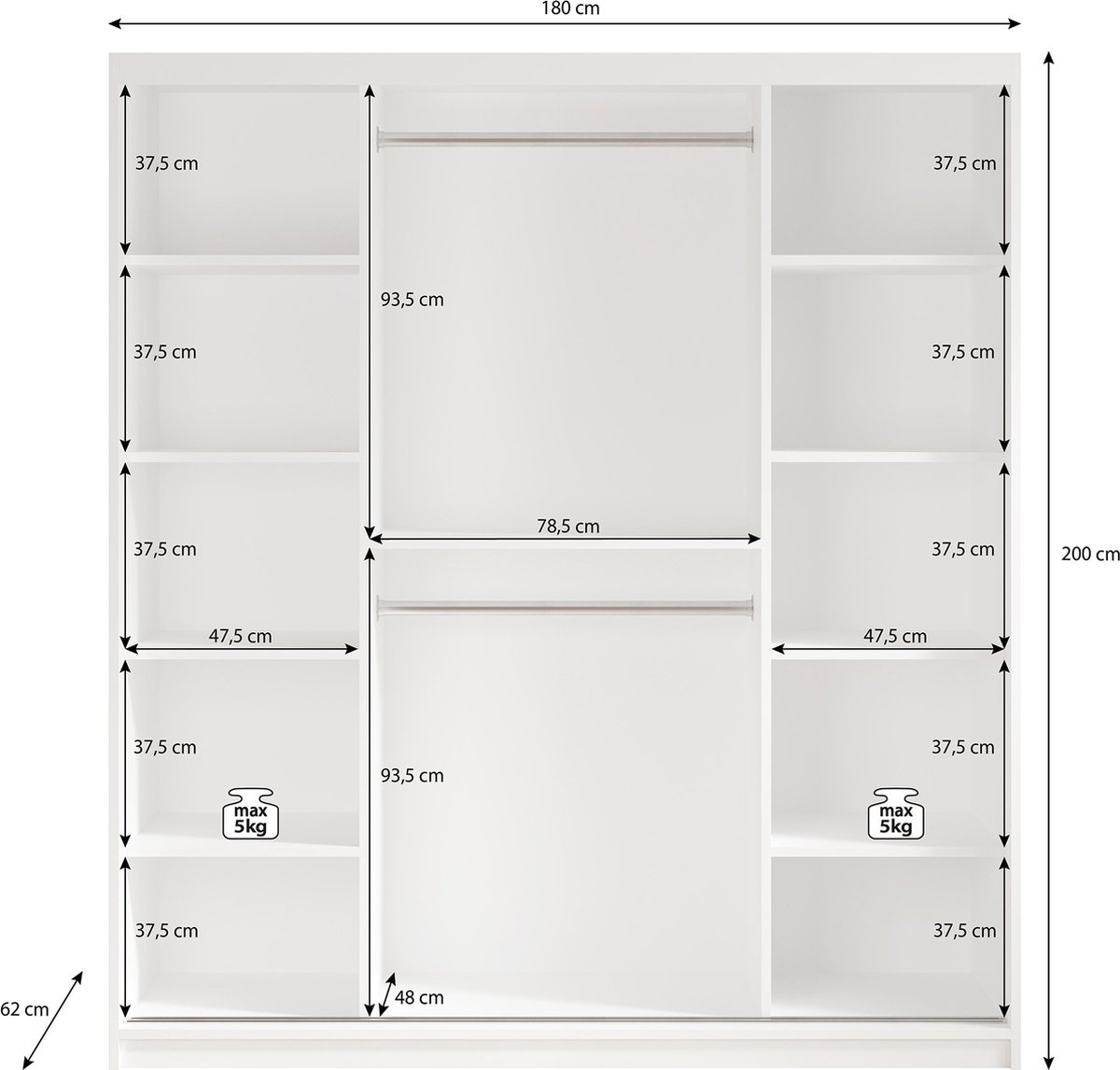 Meubella - Kledingkast Luxor - Zwart - Eiken - 180 Cm