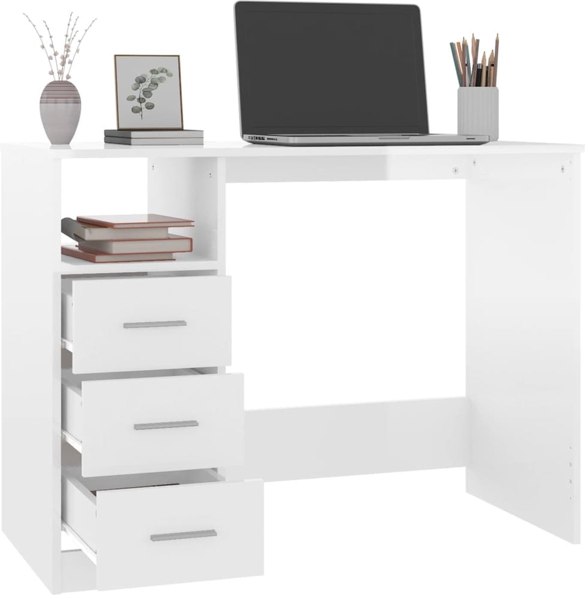 Vidaxl Bureau Met Lades 102x50x76 Cm Bewerkt Hout Hoogglans Wit