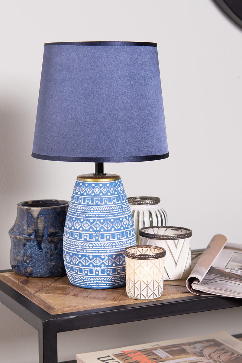 Clayre & Eef Tafellamp Ø 20x35 Cm Wit Keramiek Rond Bureaulamp Bureaulamp - Blauw
