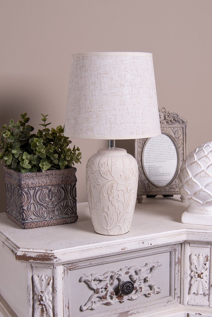 Clayre & Eef Tafellamp Ø 20x37 Cm Keramiek Rond Bureaulamp Bureaulamp - Beige