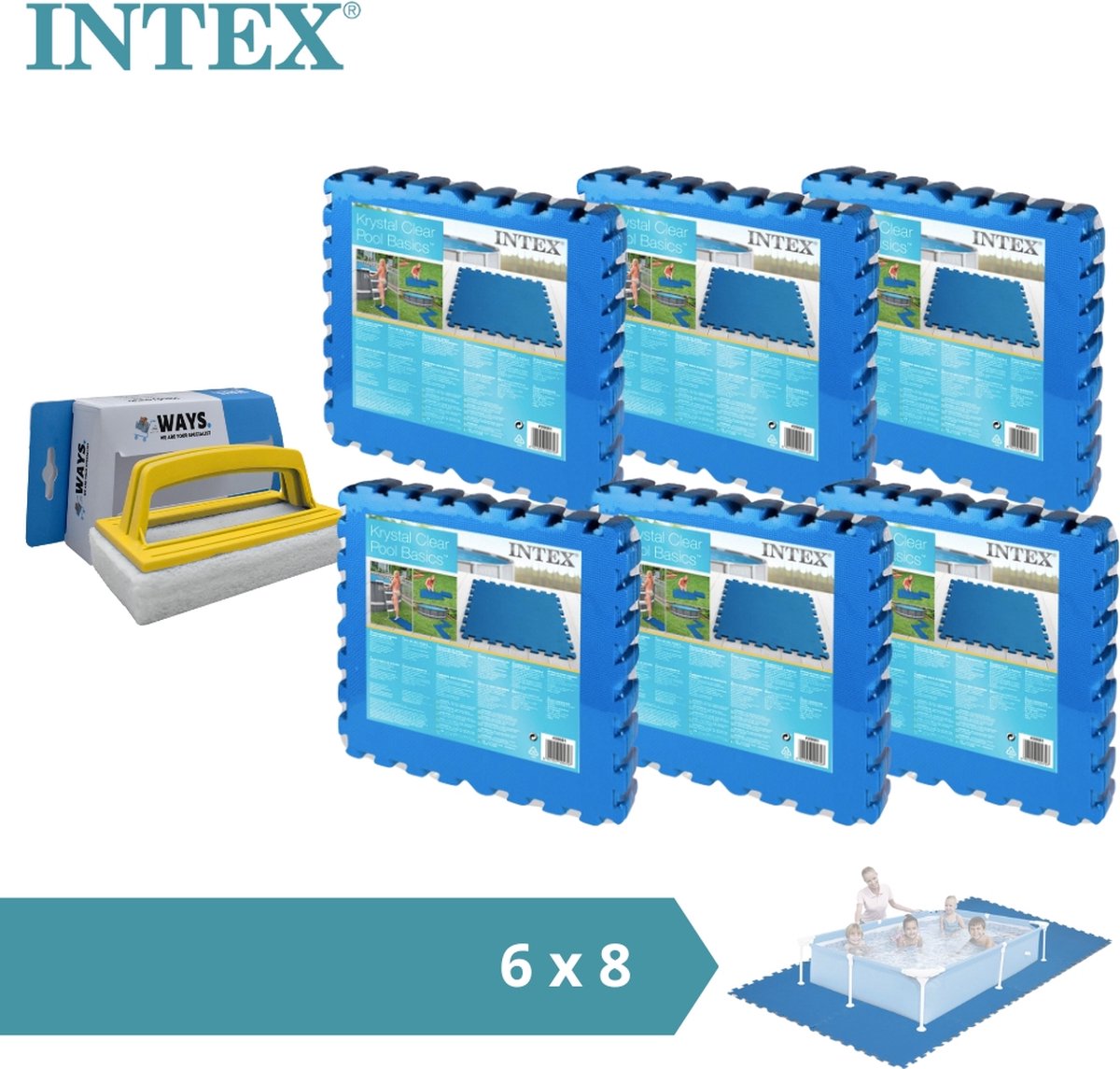 Intex - Voordeelverpakking - Zwembadtegels - 6 Verpakkingen Van 8 Tegels - 12m² & Ways Scrubborstel