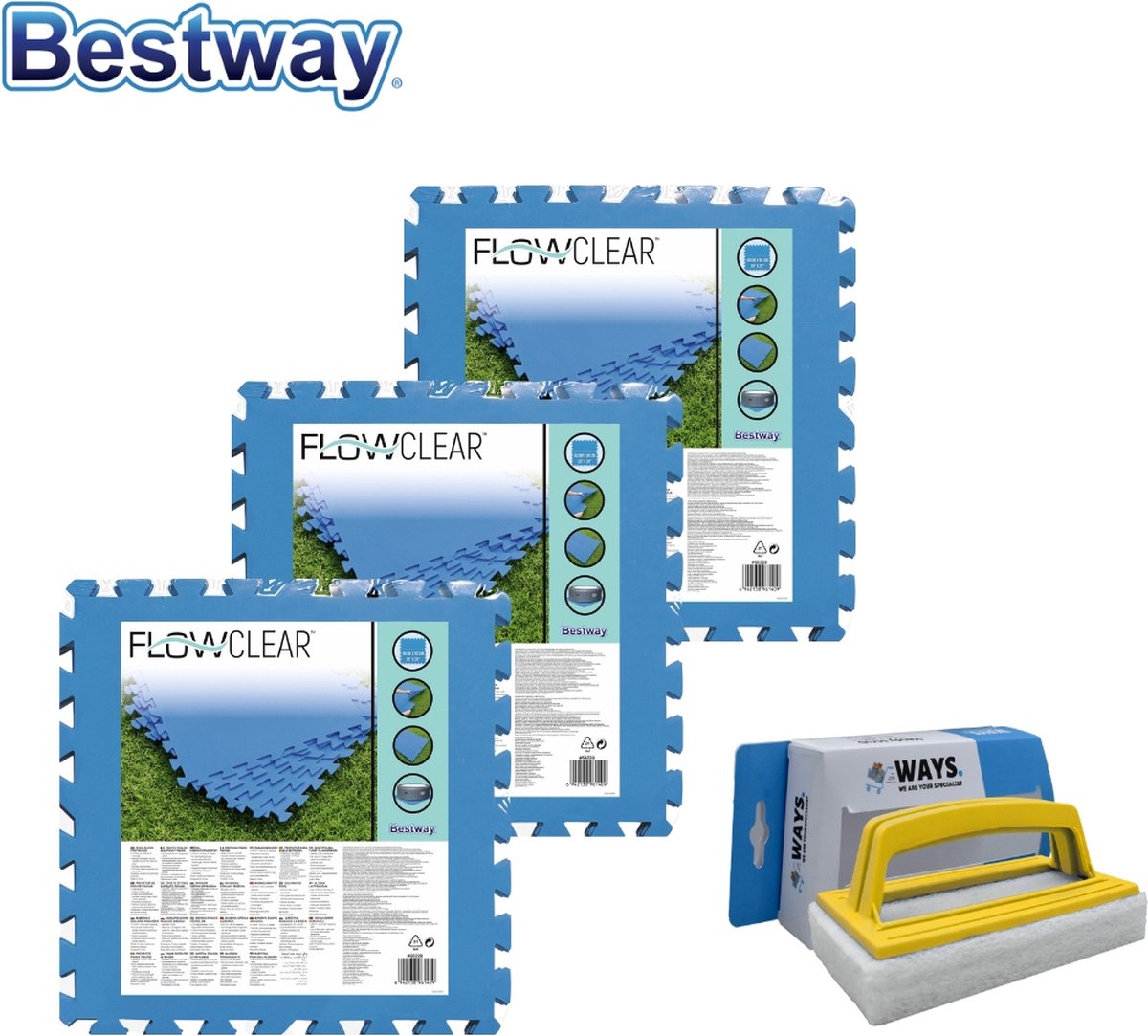 Bestway - Voordeelverpakking - Zwembad Tegels - 50 Cm X 50 Cm - 6m² - 24 Tegels & Ways Scrubborstel