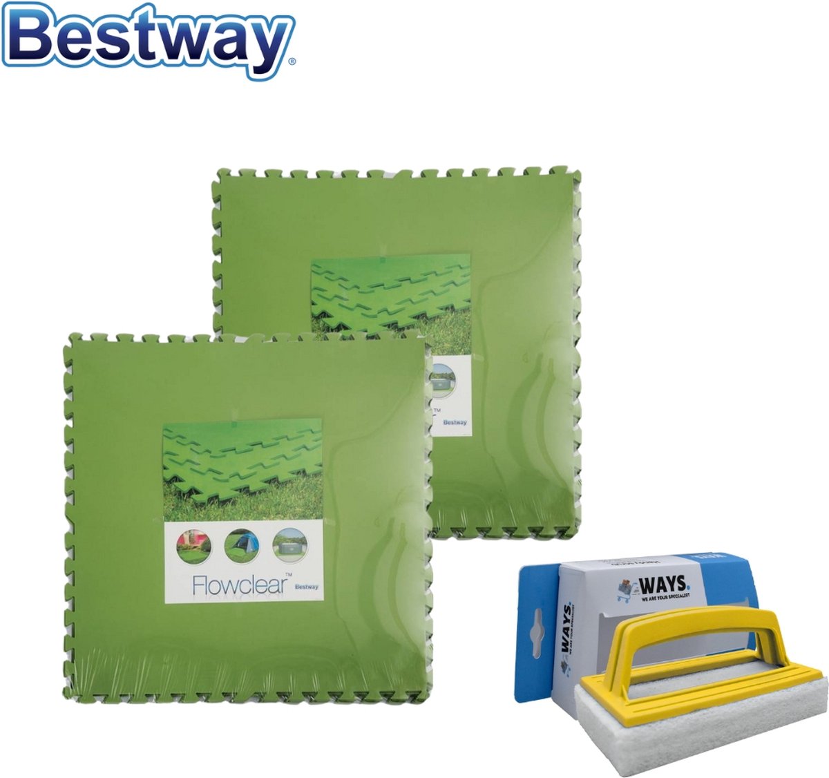 Bestway Flowclear - Voordeelverpakking - Grondtegels - 2 Verpakkingen Van 9 Stuks & Ways Scrubborstel